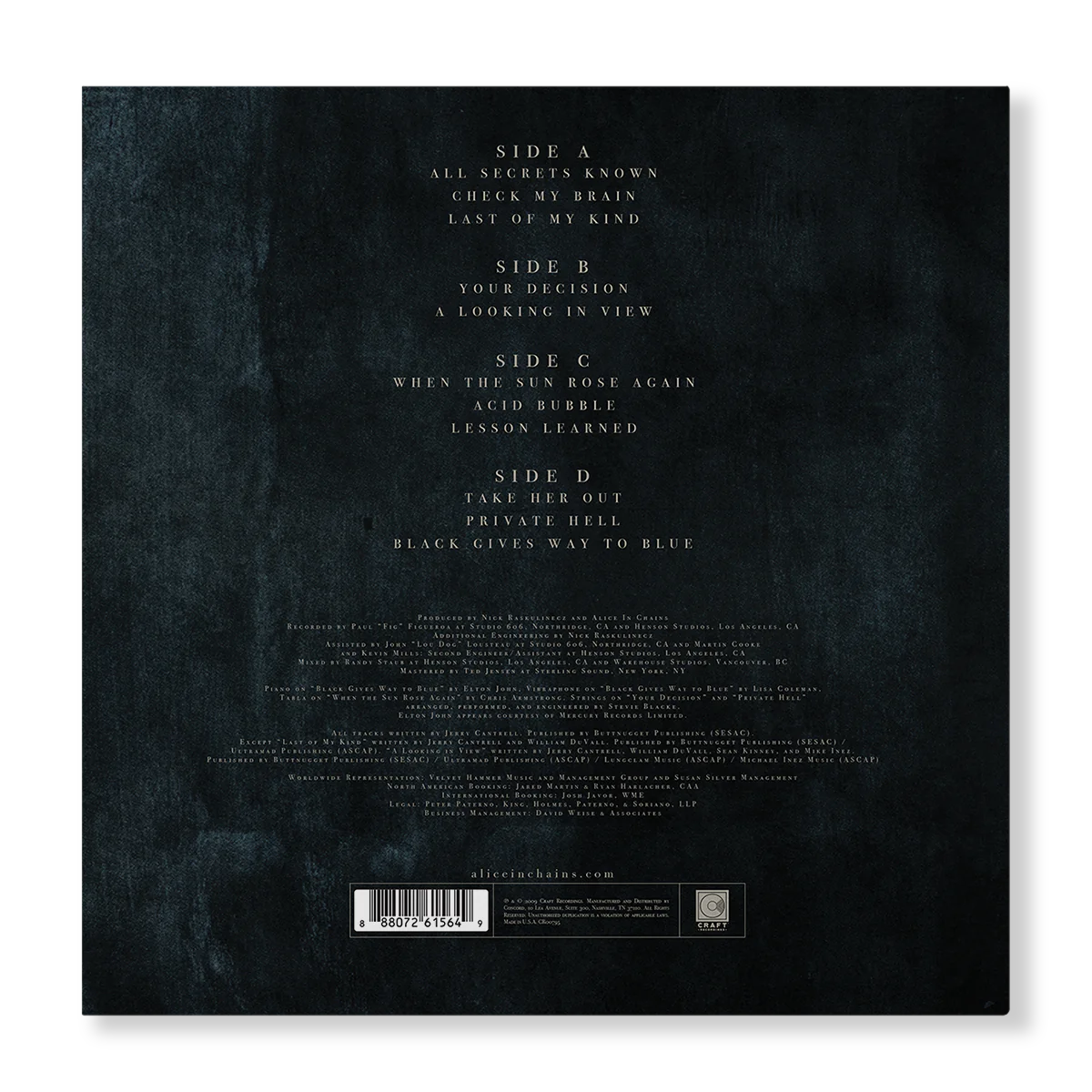 The back cover of Alice in Chains' Black Gives Way to Blue 15th Anniversary vinyl